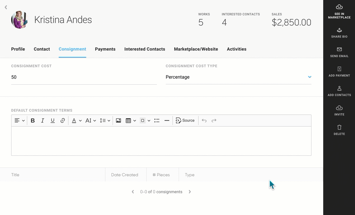 How do I set Consignment costs for Artists?